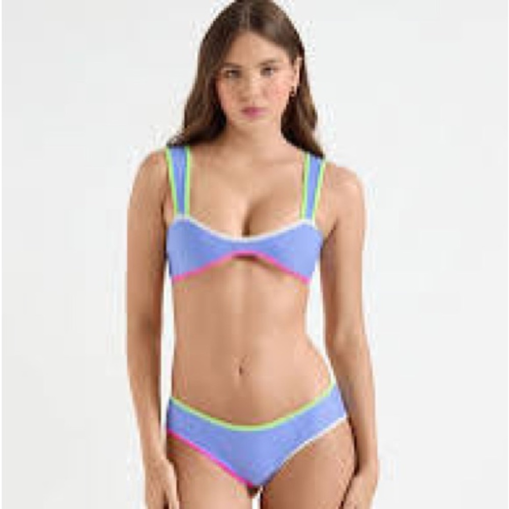 OneOne Swim | Bikini top, bottom, sarong | blue/pink/green multi | XS